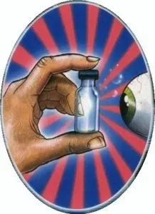 GHB: mano con botecito de cristal de GHB/GBL y ojo mirando de cerca.