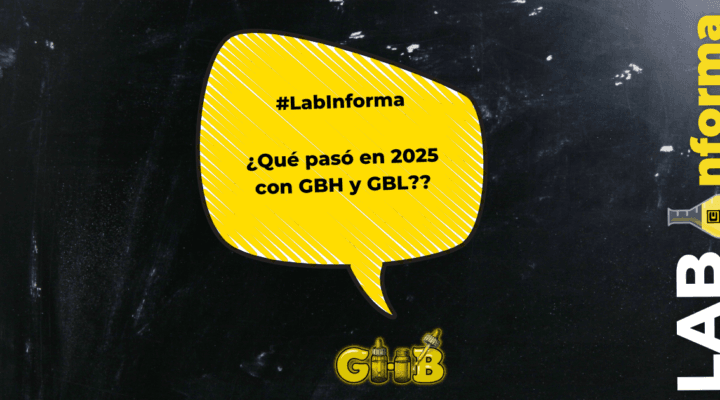 Fonde de pirraza negro con palabras Lab Informa, con un bocadillo amarillo que pone #LabInforma ¿Qué pasó en 2025 con GHB y GBL?