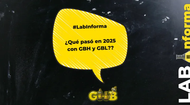 Fonde de pirraza negro con palabras Lab Informa, con un bocadillo amarillo que pone #LabInforma ¿Qué pasó en 2025 con GHB y GBL?